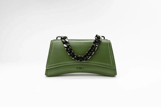 An olive green leather handbag with a black chain-link handle, shown against a plain white background