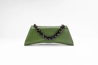 An olive green leather clutch bag with a curved, sculptural silhouette and a black-and-white patterned