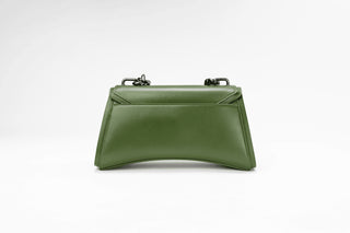 An olive green leather clutch bag with a structured envelope design and dark metal hardware
