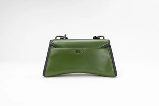 An olive green leather clutch bag with black trim and silver-tone hardware, featuring a small metallic logo