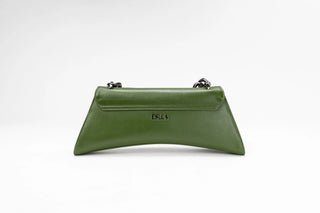 An olive green leather handbag with a structured, curved silhouette