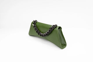 An olive green leather clutch bag with a black metal chain strap