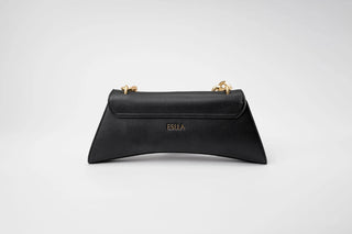 A black leather clutch bag with a curved silhouette, gold-tone hardware, and the brand name.