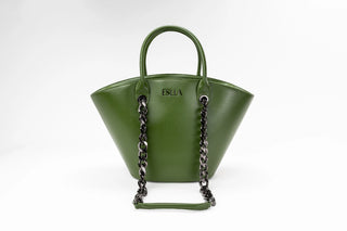 An olive green leather handbag with a structured silhouette, double top handles, and a black chain-link