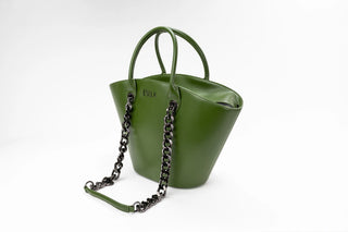 An olive green leather handbag with double top handles and a black chain-link shoulder strap