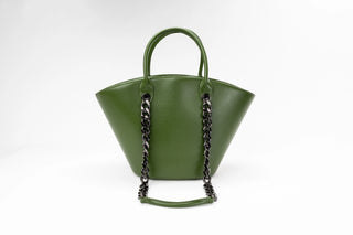 An olive green leather handbag with a wide, structured silhouette, dual top handles.